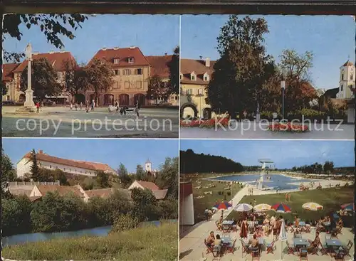 Fuerstenfeld Hauptplatz Saeule Stadttor mit Klosterkirche Motiv an der Feistriz Schwimmbad Kat. Fuerstenfeld