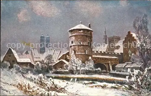 Muenchen Altstadt Rundturm im Schnee Kuenstlerkarte Kat. Muenchen