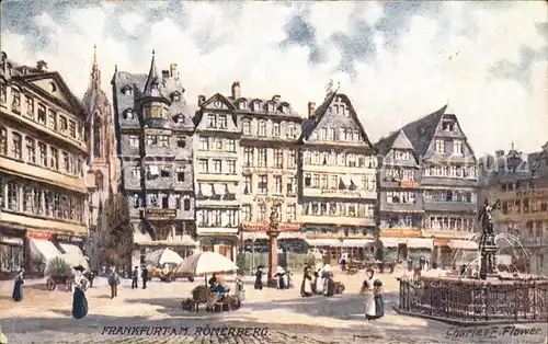 Frankfurt Main Roemerberg Rathausplatz Gerechtigkeitsbrunnen Grand Hotel Frankfurter Hof Tucks Oilette Serie Kuenstlerkarte Charles E. Flower Kat. Frankfurt am Main