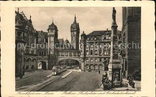 Frankfurt Main Rathaus Paulskirche und Einheitsdenkmal Strassenbahn Kupfertiefdruck Kat. Frankfurt am Main