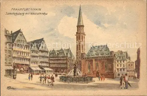 Frankfurt Main Samstagsberg mit Nikolaikirche Brunnen Kuenstlerkarte Fischer Kat. Frankfurt am Main
