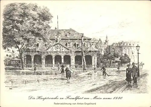 Frankfurt Main Hauptwache anno 1880 Kuenstlerkarte Sammlung Weinkellerei Schulz & Wagner Federzeichnung Anton Engelhard Kat. Frankfurt am Main