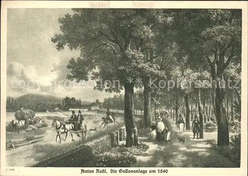 Frankfurt Main Gallusanlage um 1840 Pferdekutsche Reiter Promenade Kuenstlerkarte Anton Radl Kat. Frankfurt am Main