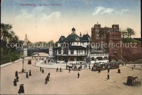 St Pauli Faehrhaus mit Strassenbahn u.Pferdekutschen Kat. Hamburg