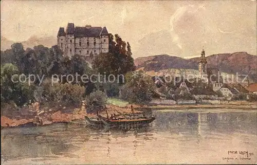 Grein Donau Oberoesterreich Ortsansicht mit Schloss Greinburg Uferpartie Boot Kuenstlerkarte Fritz Lach Serie Nibelungenweg Kat. Grein