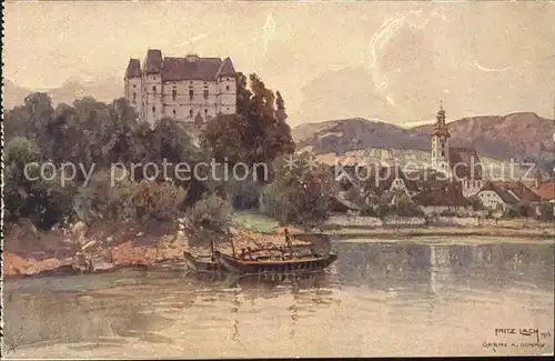 Grein Donau Oberoesterreich Ortsansicht mit Schloss Greinburg Uferpartie Kuenstlerkarte Fritz Lach Serie Nibelungenweg Kat. Grein