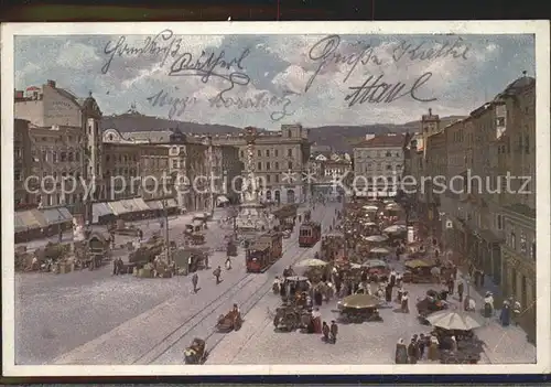 Linz Donau Hauptplatz mit Dreifaltigkeitssaeule Strassenbahn Kuenstlerkarte Nr. 7007 15 Kat. Linz