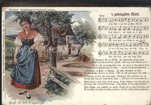 Liederkarte 's gebergische Maedl Erzgebirge Tracht  / Musik /