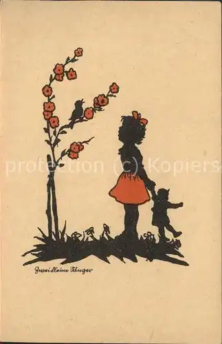 Scherenschnitt Schattenbildkarte Kind Blumen Puppe Vogel  / Besonderheiten /