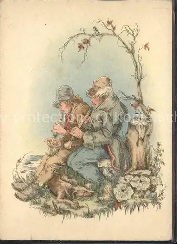 Kuenstlerkarte Karl Voss Nr. 70 Baerenreiter-Karte Floete Blumen Vogel Hund  / Kuenstlerkarte /