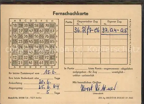 Schach Berlin Fernschachkarte / Spiel /