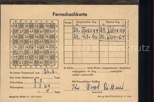 Schach Fernschachkarte Berlin  / Spiel /