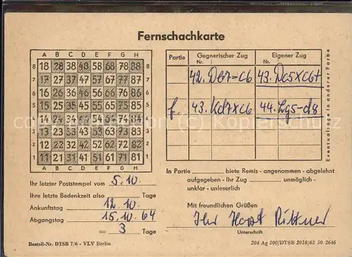 Schach Fernschachkarte Berlin  / Spiel /