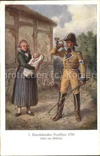 Kuenstlerkarte Gustav Mueller Kursaechsiscehr Postillion 1780 Posthorn / Kuenstlerkarte /