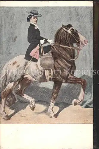 Jugendstil Pferd Frau Hut / Kuenstlerkarte /