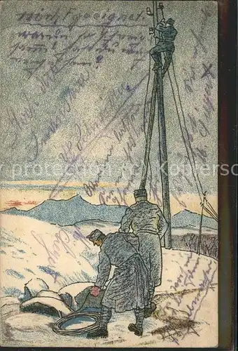 Kuenstlerkarte Bergleute Wanderer Soldaten? Eisenbahn-Postkarte / Kuenstlerkarte /