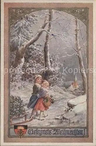 Kuenstlerkarte Kraemle Frohe Weihnachten Kinder Schlitten / Kuenstlerkarte /