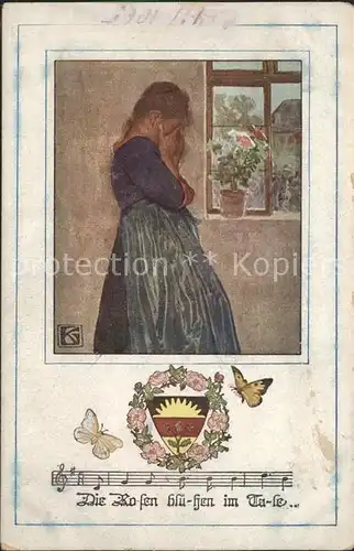 Liederkarte Wappen Rosen bluehen Frau Kuenstlerkarte / Musik /
