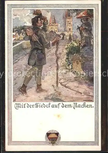 Kuenstlerkarte Mit der Fiedel auf dem Nacken Wappen / Kuenstlerkarte /