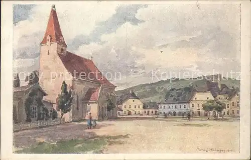Kuenstlerkarte H. Goetzinger Kirche Dorfplatz / Kuenstlerkarte /