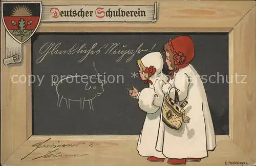 Kuenstlerkarte E. Reckziegel Kinder Wappen Schwein Tafel / Kuenstlerkarte /