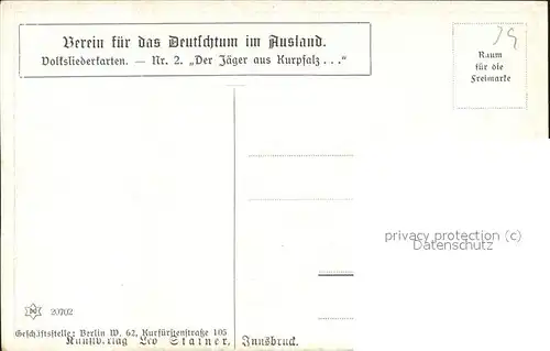 Liederkarte Nr. 2 Ernst Kutzer Der Jaeger aus Kurpfalz / Musik /