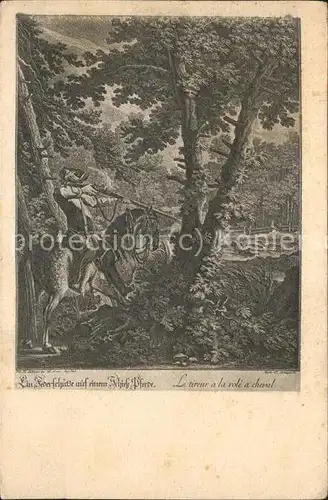 Kuenstlerkarte Johann Elias Ridinger Kupferstich Federschuetze Pferd Kat. Kuenstlerkarte