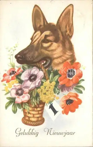 Hunde Schaeferhund Neujahr Datumskarte Blumen Kat. Tiere