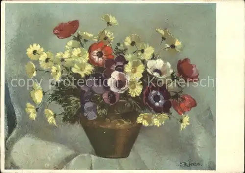 Kuenstlerkarte Y. Dujardin Gelbe Margeriten und Anemonen  Kat. Kuenstlerkarte