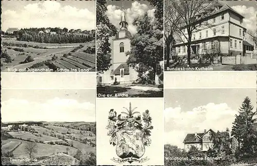 Hohegeiss Harz Jugendheim Schau ins Land Kirche Bundesbahn Kurheim Teilrundblick Waldhotel Dicke Tannen Wappen Kat. Braunlage