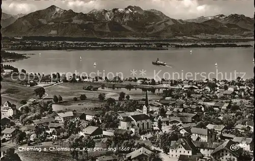 Chieming Chiemsee Gesamtansicht mit Kampenwand Chiemgauer Alpen Fliegeraufnahme / Chieming /Traunstein LKR