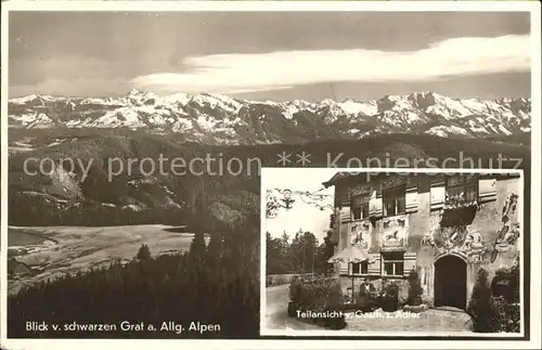 Grossholzleute Blick vom schwarzen Grat auf Allgaeuer Alpen Gasthof Pension Adler Historisches Gebaeude Bromsilber Kat. Isny im Allgaeu