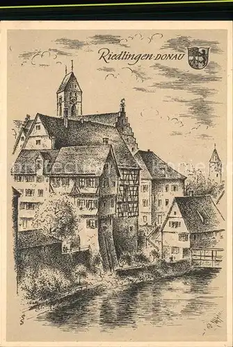 Riedlingen Donau Altstadt Stadtmauer Kirchturm Wappen Kuenstlerkarte Ludwig Schaefer Grohe Serie Wuerttembergische Staedtebilder Kat. Riedlingen