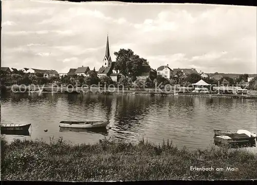Erlenbach Main Uferpartie Boot Ortsansicht mit Kirche Kat. Erlenbach a.Main