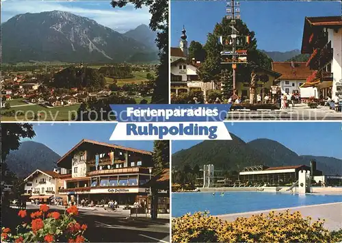 Ruhpolding Gesamtansicht Dorfplatz Maibaum Marienbrunnen Freibad mit Wellenhallenbad Hauptstrasse Cafe Postillion Kat. Ruhpolding