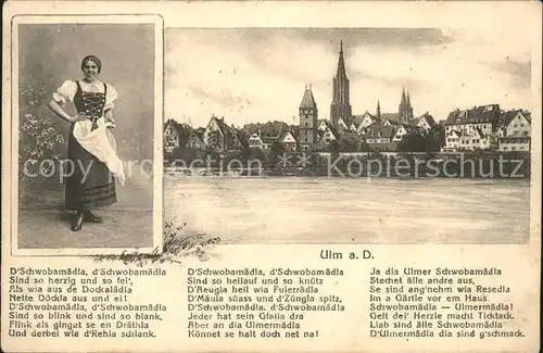 Ulm Donau Panorama Frau in Tracht Kat. Ulm