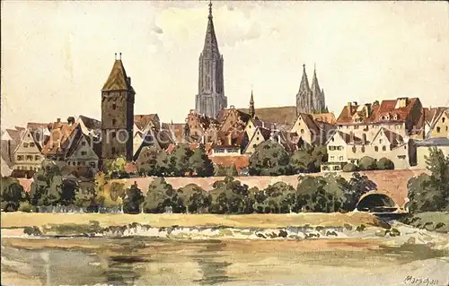 Ulm Donau Donaupanorama mit Muenster Kuenstlerkarte Kat. Ulm
