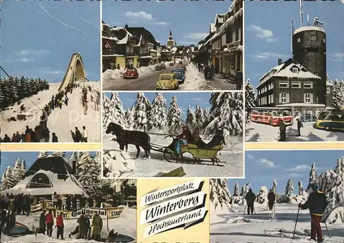 Winterberg Hochsauerland ansichten im Schnee Skischanze Gasthof Zur Daubermuehle Busse Pferdeschlitten Skifahren Kat. Winterberg