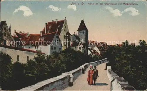Ulm Donau Stadtmauer mit Metzgerturm Kat. Ulm