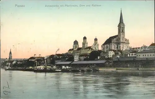 Passau Donaupartie mit Pfarrkirche Dom und Rathaus Kat. Passau
