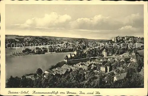 Passau Blick vom Oberhaus auf Niederhaus mit Donau Inn und Ilz Kat. Passau