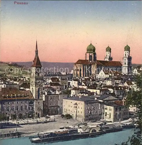 Passau Stadtblick mit Rathaus und Dom Raddampfer Kat. Passau