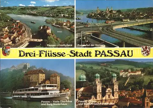Passau Dreiflusseck Stadtblick Veste Ober und Niederhaus Dom und Wallfahrtskirche Mariahilf Kat. Passau