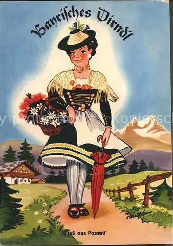 Passau Bayrisches Dirndl Illustration Kat. Passau