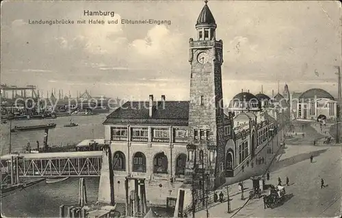 Hamburg Landungsbruecke mit Hafen und Elbtunnel Eingang Kat. Hamburg