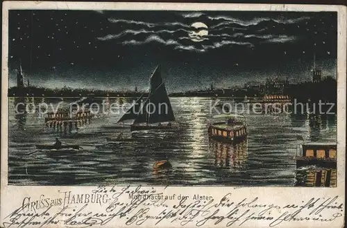 Hamburg Mondnacht auf der Alster Schiffe Kuenstlerkarte Kat. Hamburg