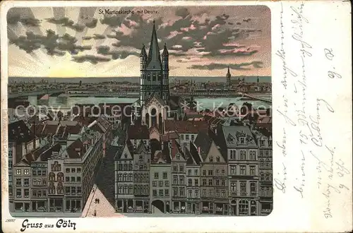 Koeln Rhein Panorama St. Marienkirche mit Deutz Kuenstlerkarte Kat. Koeln