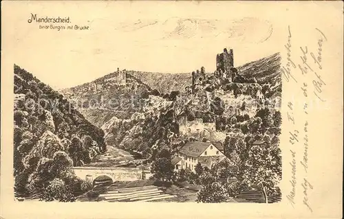 Manderscheid Eifel Burgen mit Bruecke Kuenstlerkarte / Manderscheid /Bernkastel-Wittlich LKR