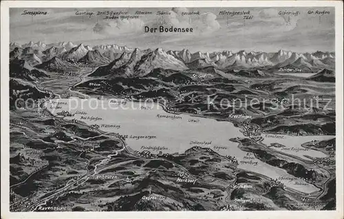 Bodensee Seepanorama mit Alpenkette Landkarte Kat. Bodensee