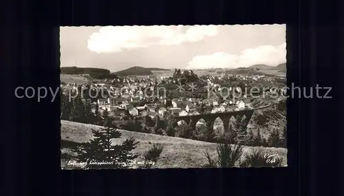 Daun Eifel Panorama mit Bruecke und Burg Kat. Daun